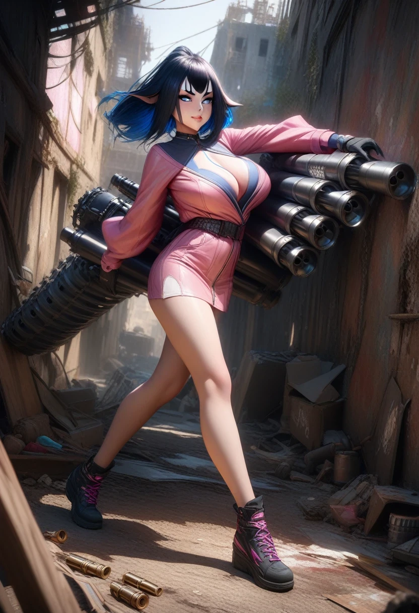 (shylily/(Twich/):1.5),(masterpiece:1.2),(best quality:1.2),, (1girl:1.3),((wide shot: 1.6)), Unreal Engine: 1.4, CG K ultra-realistic, photorealistic: 1.4, perfectly detailed skin texture: 1.4, ((artwork ung woman full body full: 1.5)), (full body lips and a sensual smile:1.5), punk style hairstyle with shaved side, tattoos, Gatling gun, box, looking at viewer, pose dynamic and sensual, beating, ammunition belt, gloves, big breasts, shooting, Extremely detailed: 1.4, more detailed, optical mix, fun patterns, animated texture, unique visual effect, pink leather miniskirt, pink jacket, masterpiece, al background an abandoned place with junk, ((colors, cyan, green, pink, brown: 1.2 )), ((8k realistic digital art)), 32k