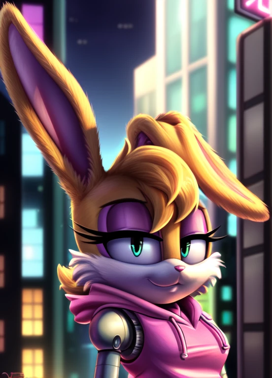 bunnierabbot, furry female anthro, rabbit girl, cyborg, portrait, close-up,  (sleeveless pink hoodie:1.2),  fur trim, solo, (body fur:1.2), (best quality), (detailed urban background:1.2), cinematic lighting, (detailed fluffy fur:1.1), looking at viewer, medium breasts,  