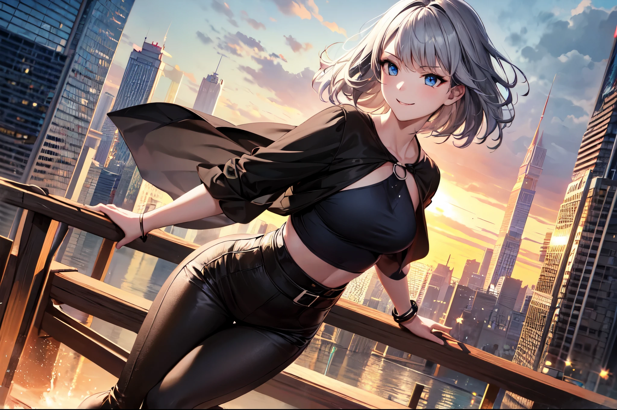 masterpiece, highest quality, Very detailed),(One girl), blue eyes, short hair, Brunette, Dynamic Angle, Dynamic pose, Natural light, floating, (Color Top:1.2|Black Top), (Tight Skirt:1.2|Leather pants:0.9), (Silver Bracelet:1.2|clock), (Natural background:0.8| Cityscape), (smile:0.8| Serious expression), (Light in the hair), lots of water droplets:0.8