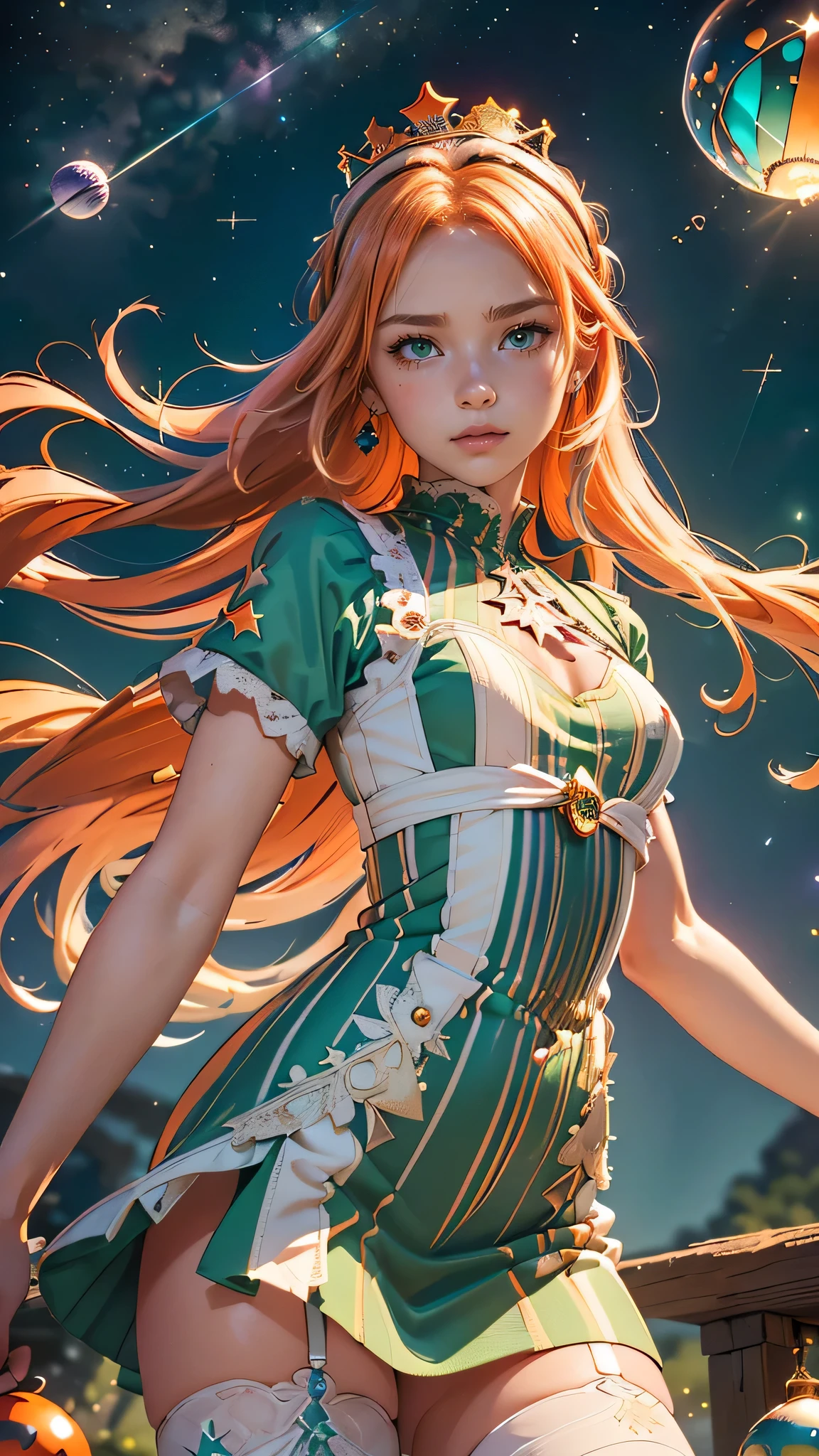 (masterpiece), (highest quality), (Very detailed),(Disheveled Hair),(shape), (One Girl), (Fashionable clothes),Blonde Long Hair, ((Red color's small horned headband)), ((Emerald green, Pastel colored short sleeve one piece dress)), (( White lace at the hem)), ((She is wearing tights, purple and orange striped colors)), ((Star mark in a little glass ball)), ((The magic wand has a little glass ball on the end.)), ((There is a bird feather growing next to the little glass ball.)), ((There is a small crown on top of the little glass ball.,)), NSFW,