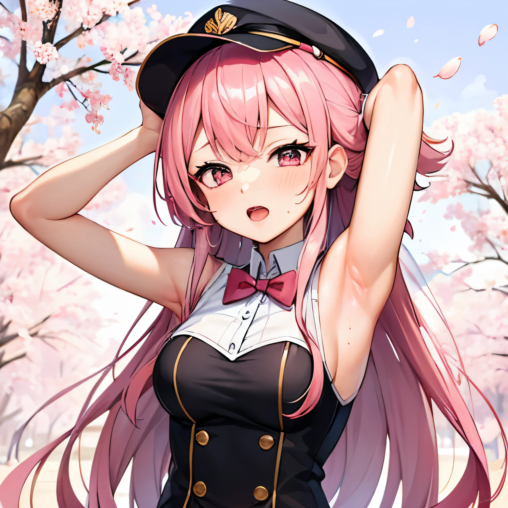 highest quality,32k,Raw photo,Armpit sweat, Ahegao,Pink hair long、uniform、Cherry blossom background