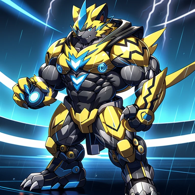 (masterpiece, best quality, detailed:1.2)
(Pokémon)
detailed full body,
Zeraora's giant robot.
Gigantic ZERAORA,
Protecting Zeraora's design and color scheme.
Robotic suit,
the whole body is covered in armor,
whole body shines like metal.
Wearing cyberpunk mecha, emphasizes the muscles.
He wears the same armor as himself from head to foot. (emphasizes the muscles.)
suit fully made of metal,
intricate armor, Robotic suit, suit fully made of metal, cyborg,
big muscle.
pecs, triceps,
body full of huge muscles.
unusually developed muscular body,
A Zeraora at the bodybuilding competition,
massive,
huge muscular bodybuilder with extraordinary biceps, pecs, triceps, traps, gigachad, 300 lbs.
The claws are sharp, Sharp teeth,
with huge golden laser sword,
thunderstorm,
rainy weather,
lightning,
wears a black cloak on his back.