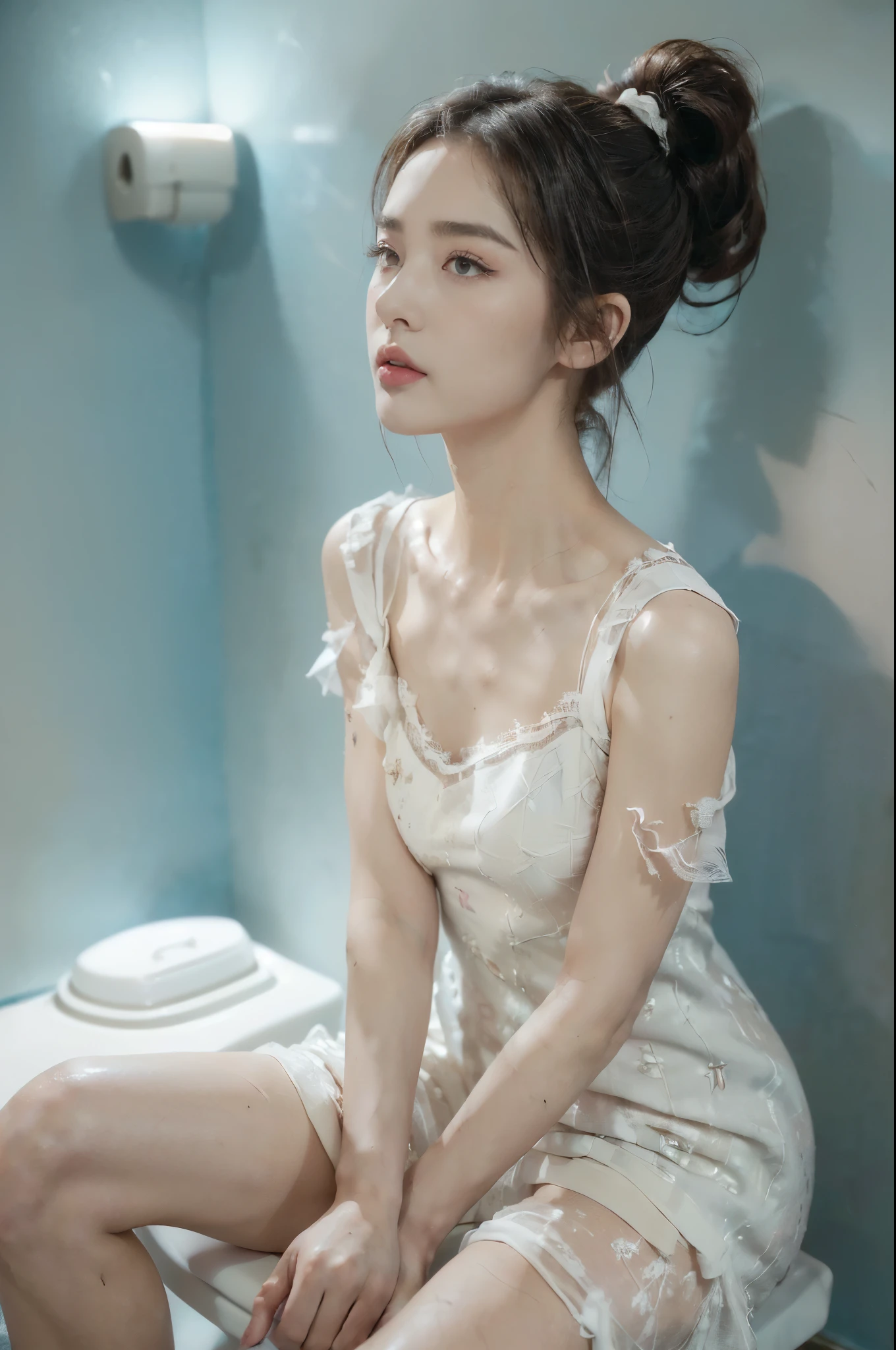 (((best quality))), (((ultra detailed))), (((masterpiece))), illustration,((a fragile and beautiful young girl,solo)),((slim,thin)),((small breasts,flat chest)),((sitting on a hospital bed)),(strapless vertical striped blue and white patient's bra:1.2), ethereal appearance,(shoulder length straight hair:1.2), delicate features, expressive eyes, porcelain skin, worried expression, vertical stripes on the gown, loose fit, slender fingers, polished nail polish, clinical examination room, faded walls, doctors' cart, stainless steel, hospital backdrop, stark contrasts, cold environment, warmth and vulnerability, poignant moment, moving image,((from front,close-up of face)),