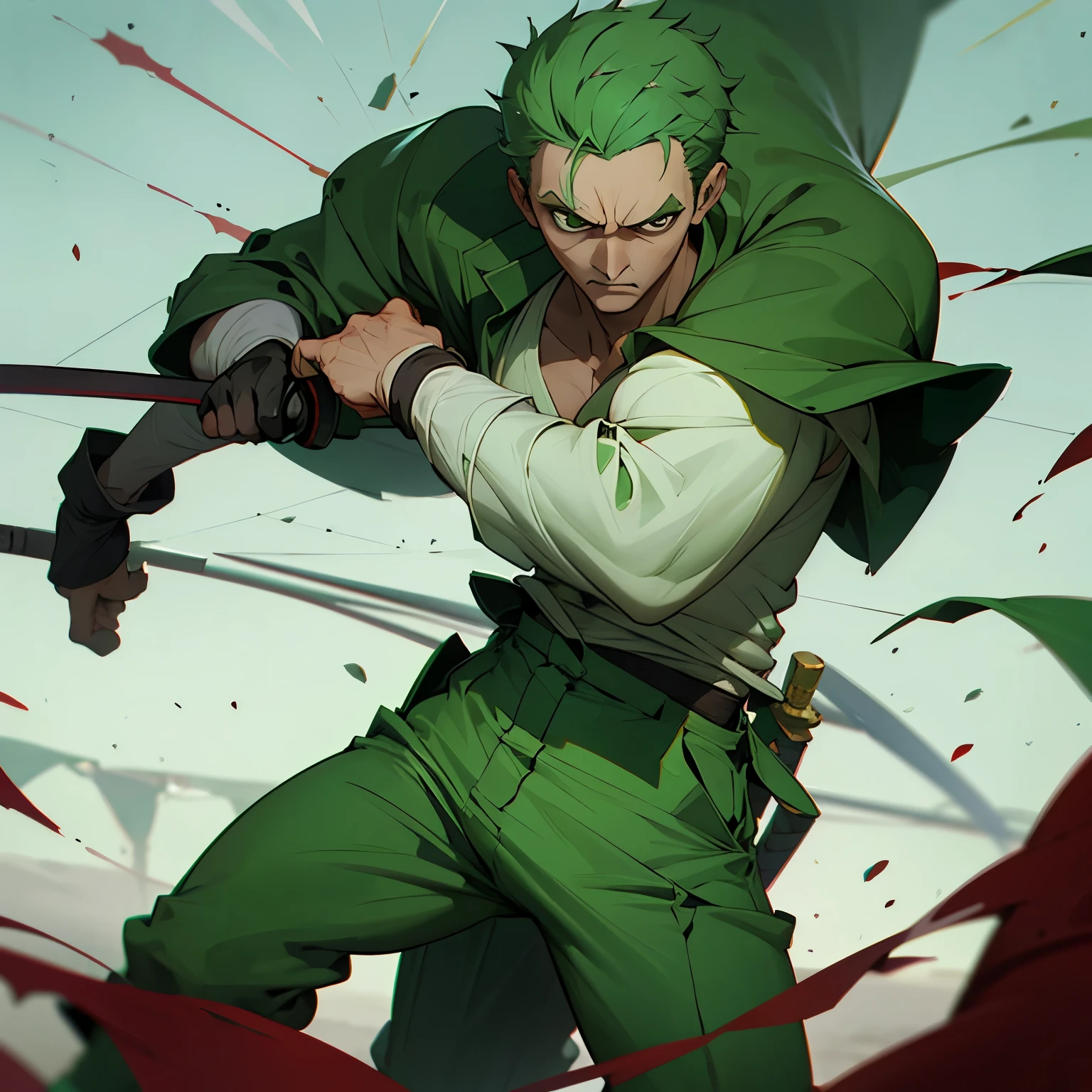 Zoro green short hair, white shirt, dark green pants, standing with bloods all around his body, with three swords in his waist, Bartholomew Kuma standing behind.