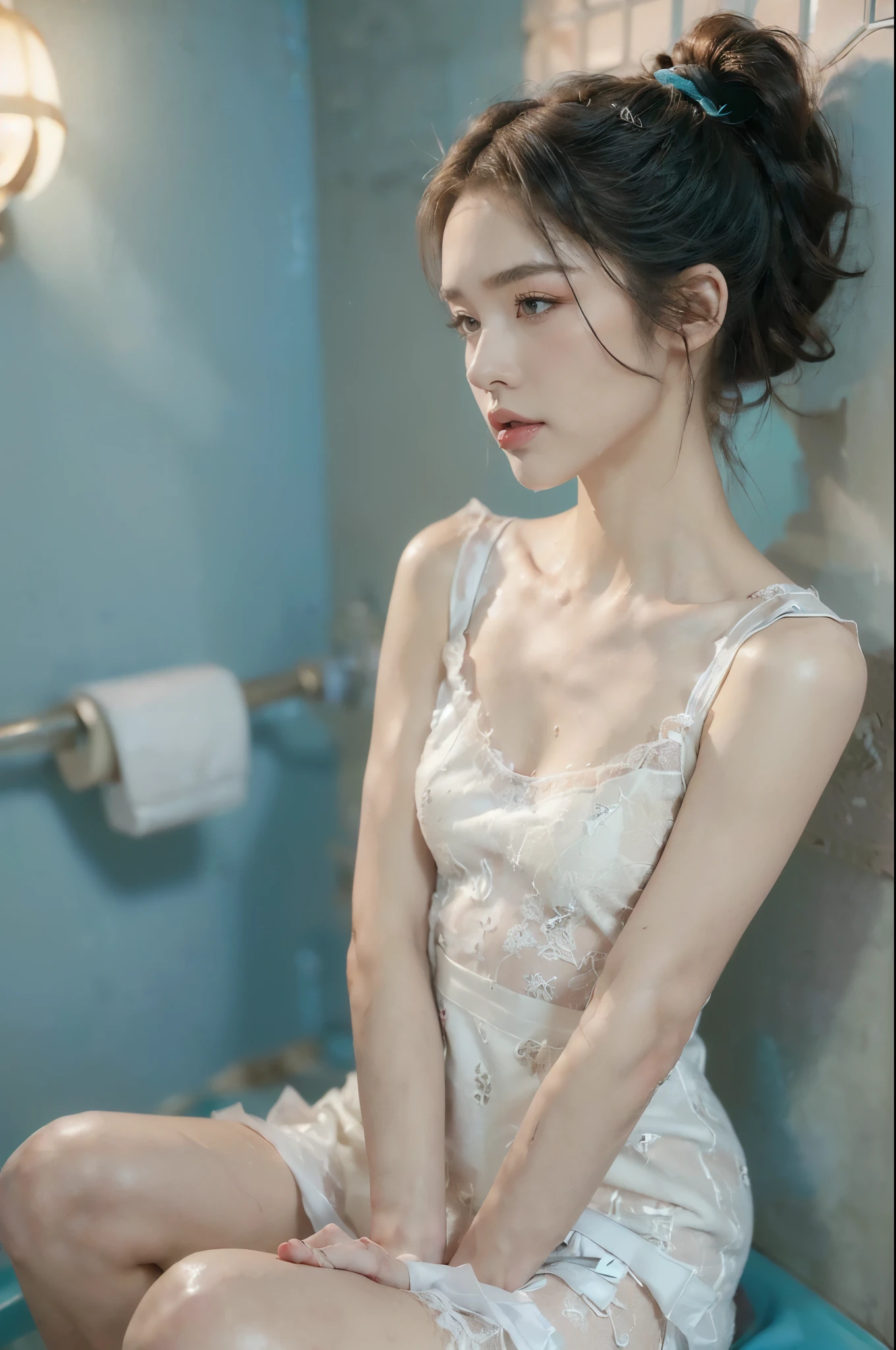 ((((8k))),((Extremely meticulous CG)) ,(wallpaper),16k,((Extremely refined and beautiful)),(((Masterpiece))),(((best qualtiy))),(((Ultra High Resolution))),beautiful light up,Perfect lightning,realistic shaded,((high resolution)),(Smooth and flawless fair skin:1.5),(pale skin:1.3),(Extremely exquisite facial details:1.2),(perfect body:1.1),(ultra-detailed),((A beautiful girl,solo)),(small head:1.2),(short ponytail:1.2),(small face:1.2),(blush:1.3),(Exquisite makeup:1.2),(small breasts:1.2),(flat chests:1.2),((slim,thin)),(frustrated:1.3),(embarrassed:1.3),(afraid:1.3),(lace,see through),(dirty torn short white pajama dress:1.5),(night scene:1.5),(dim light:1.3),(indoor:1.2),(at home:1.2),(in the dirty toilet:1.3),(teal wall:1.2),(detailed background:1.5),(sitting on the Flush toilet:1.3),(upper body:1.2),(from front:1.3),
