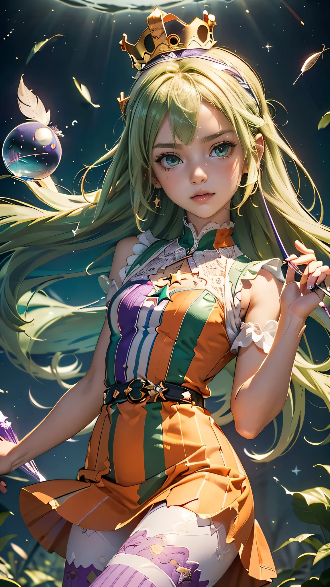 (masterpiece), (highest quality), (Very detailed),(Disheveled Hair),(shape), (One Girl), (Fashionable clothes),Blonde Long Hair, ((Red color's small horned headband)), ((Emerald green, Pastel colored short sleeve one piece dress, White lace at the hem)), ((She is wearing tights, purple and orange striped ), (Star mark in a little glass ball)), ((The magic wand has a little glass ball on the end.)), ((There is a bird feather growing next to the little glass ball.)), ((There is a small crown on top of the little glass ball.,)), NSFW,