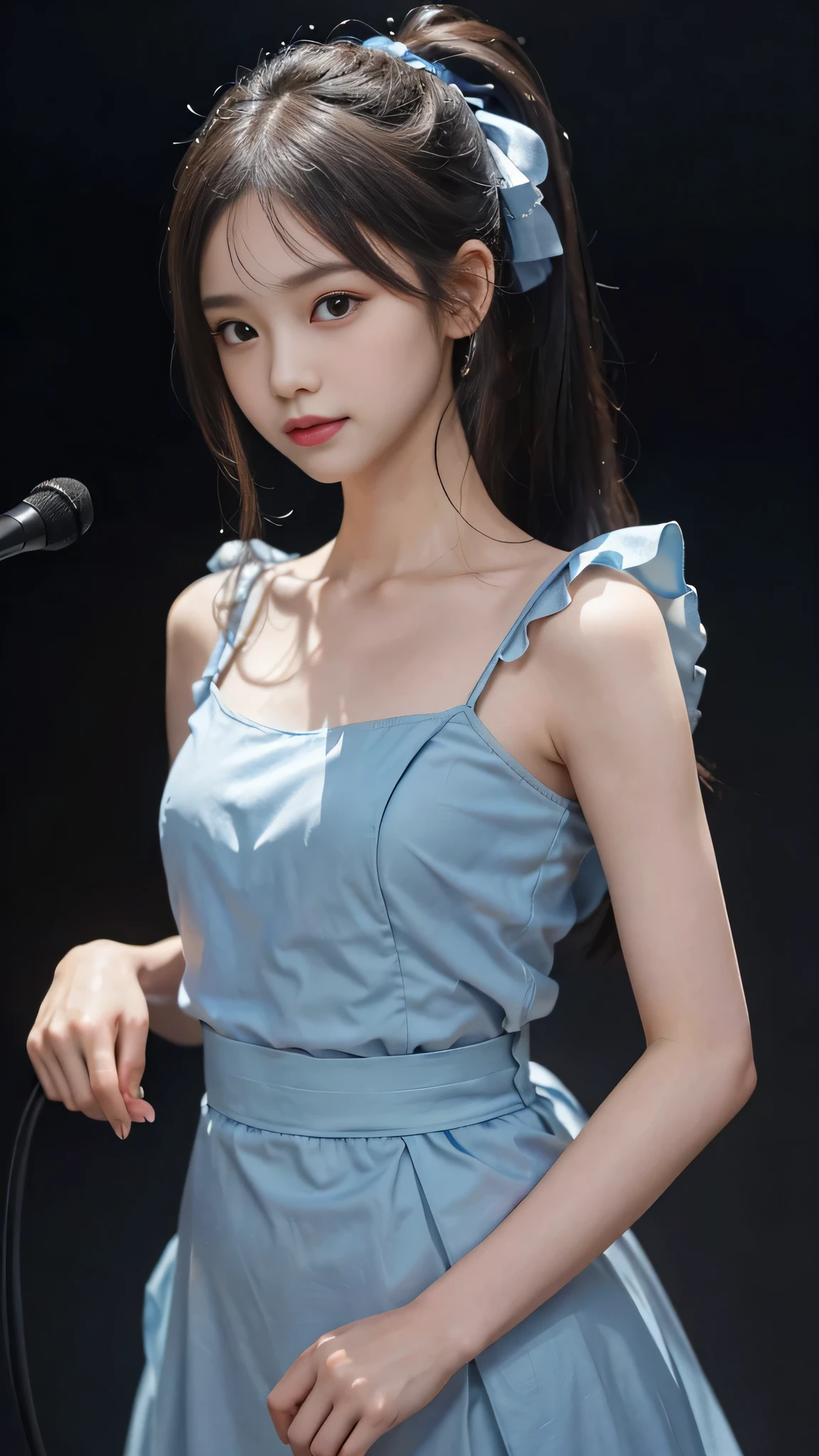 Close up face,standing on stage,Blue colored long dress with lots of ruffles,One woman,masutepiece, The highest image quality, High quality, the background is clear,Beautiful woman, Japanese, Detailed, Detailed eyes, Detailed skin, Beautiful skin, 超hight resolution, (reality: 1.4),Very beautiful woman, Slightly younger face, Beautiful skin, slender, (Ultra photo realsisim), (hight resolution), (8K), (Very detailed) (beautifully detailed eyes), (super detailed), (Detailed face), view the viewer, Fine details, Detailed face, Staring straight ahead, Staring straight ahead, photos realistic, Bright lighting, Professional Lighting, Black hair,poneyTail,a baby face,fifteen years old,Hairstyle: ponytail,Long ponytail hairstyle,slight smile,neat and tidy clothing,Beautiful Japanese KPOP idol photo, hair style is ponytail, my eyes are double and wide, baby face, smile and look straight ahead, slender, small breasts,Blue ribbon on head,Close up face,