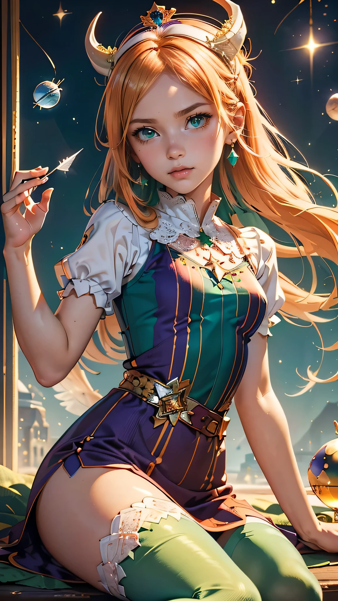 (masterpiece), (highest quality), (Very detailed),(Disheveled Hair),(shape), (One Girl), (Fashionable clothes),Blonde Long Hair, ((Red color's small horned headband)), ((Emerald green, Pastel colored short sleeve one piece dress, White lace at the hem)), ((She is wearing tights, purple and orange striped ), (Star mark in a little glass ball)), ((The magic wand has a little glass ball on the end.)), ((There is a bird feather growing next to the little glass ball.)), ((There is a small crown on top of the little glass ball.,)), NSFW,