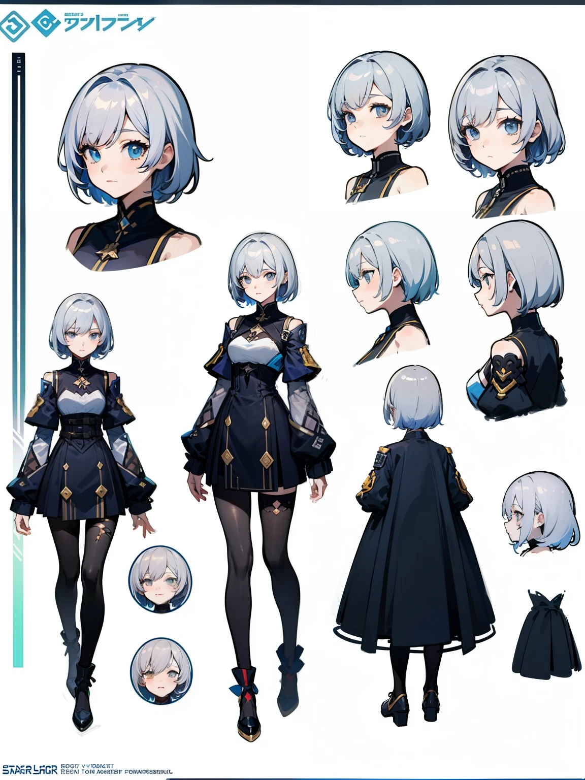 ((Masterpiece, Highest quality)), Detailed face, character sheets, full bodyesbian, Full of details, short grey hair, Highly detailed, Depth, Many parts, 1 character, clear outfit design, outfit design, [ character design ], character adoptable, official character illustration, full body adoptable, full body character design, ( ( character concept art ) ), cyberpunk design, pretty anime character design, great character design, pretty anime character design, honkai star rail character, ( ( character concept art ) )