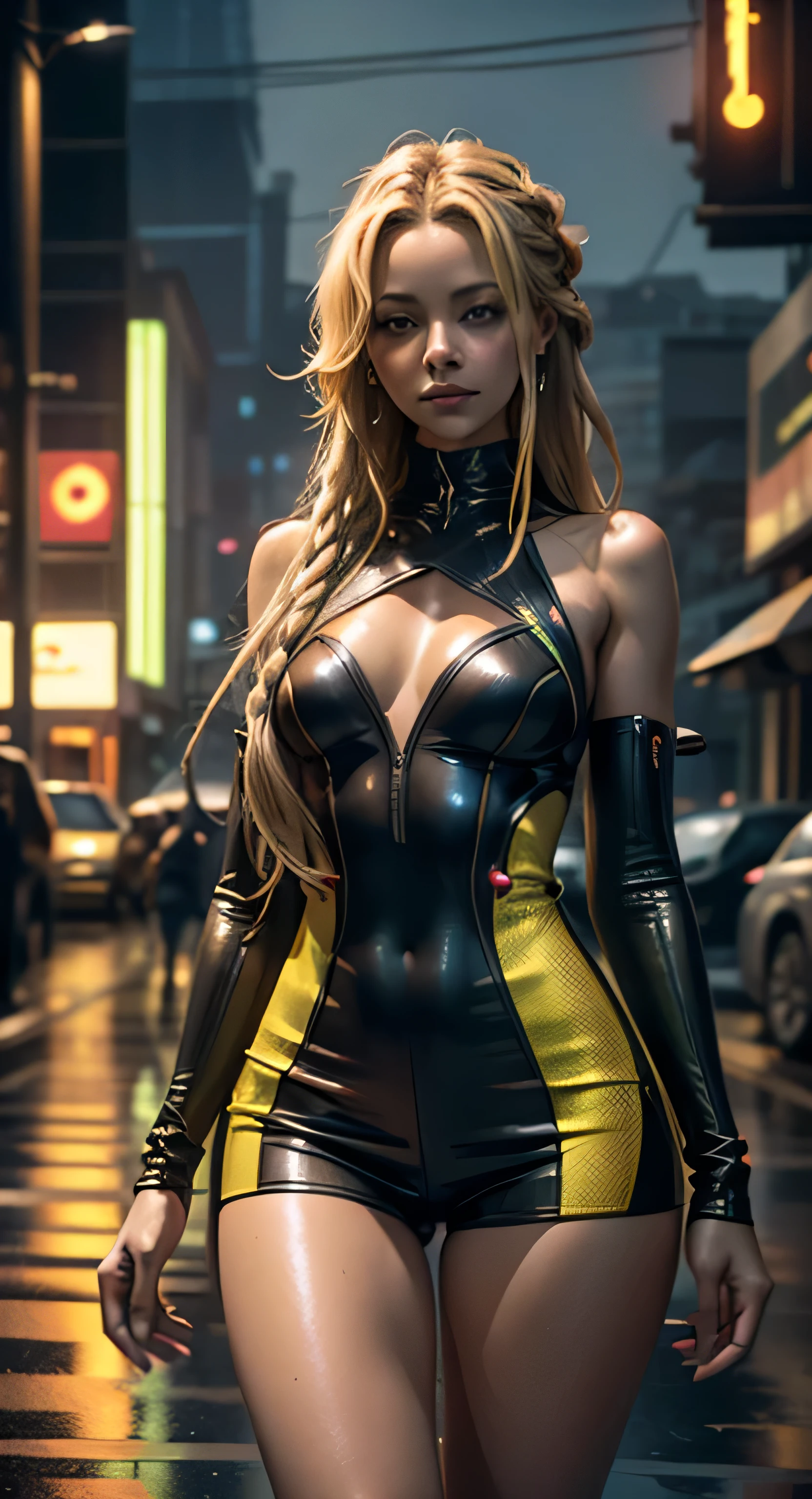 (Kelly Hu 18 years old) beautiful, extra long curly blonde hair, in a deep neckline highly detailed sexy futuristic cyberpunk two-piece dress with circuit board patterns, walking in the cyberpunk megacity, neon lights, skyscrapers, street vendors ((slim, petite)), photorealistic, photo, masterpiece, realistic, realism, photorealism, high contrast, photorealistic digital art trend in Artstation 8k HD detailed high definition realistic, detailed, skin texture, hyper detailed, realistic skin texture, armor, best quality, ultra high res, (photorealistic: 1.4),, high resolution, detailed, raw photo, sharp re, by lee jeffries nikon d850 film stock photography 4 kodak portra 400 camera f1.6 lens rich colors hyper realistic texture dramatic lighting unrealengine trend in artstation cinestill 800