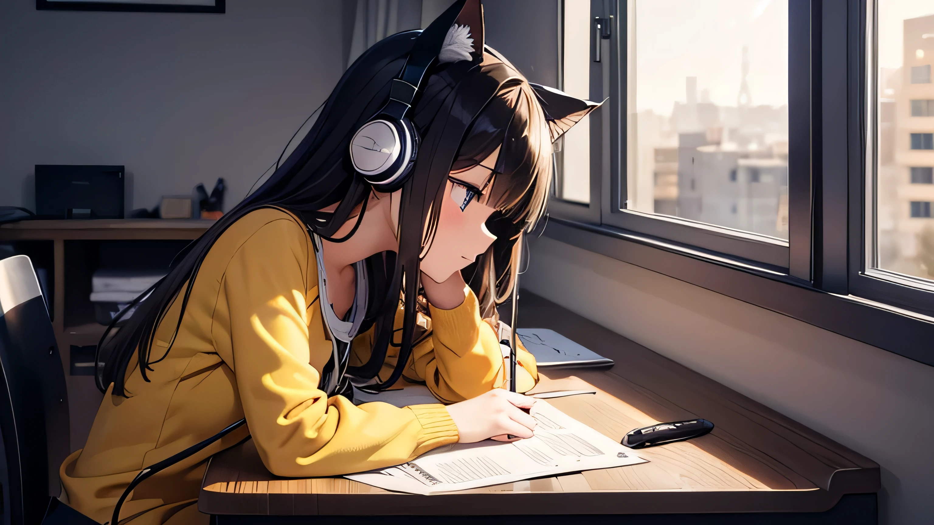 A beautiful girl with cat ears and headphones studying with a pen、profile、Desk in my room、It's dark in the night、Clothes are yellow