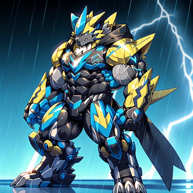 (masterpiece, best quality, detailed:1.2)
(Pokémon)
detailed full body,
Zeraora's giant robot.
Gigantic ZERAORA,
Protecting Zeraora's design and color scheme.
Robotic suit,
the whole body is covered in armor,
whole body shines like metal.
Wearing cyberpunk mecha, emphasizes the muscles.
He wears the same armor as himself from head to foot. (emphasizes the muscles.)
suit fully made of metal,
intricate armor, Robotic suit, suit fully made of metal, cyborg,
big muscle.
pecs, triceps,
body full of huge muscles.
unusually developed muscular body,
A Zeraora at the bodybuilding competition,
massive,
huge muscular bodybuilder with extraordinary biceps, pecs, triceps, traps, gigachad, 300 lbs.
The claws are sharp, Sharp teeth,
with huge golden laser sword,
thunderstorm,
rainy weather,
lightning,
wears a black cloak on his back.