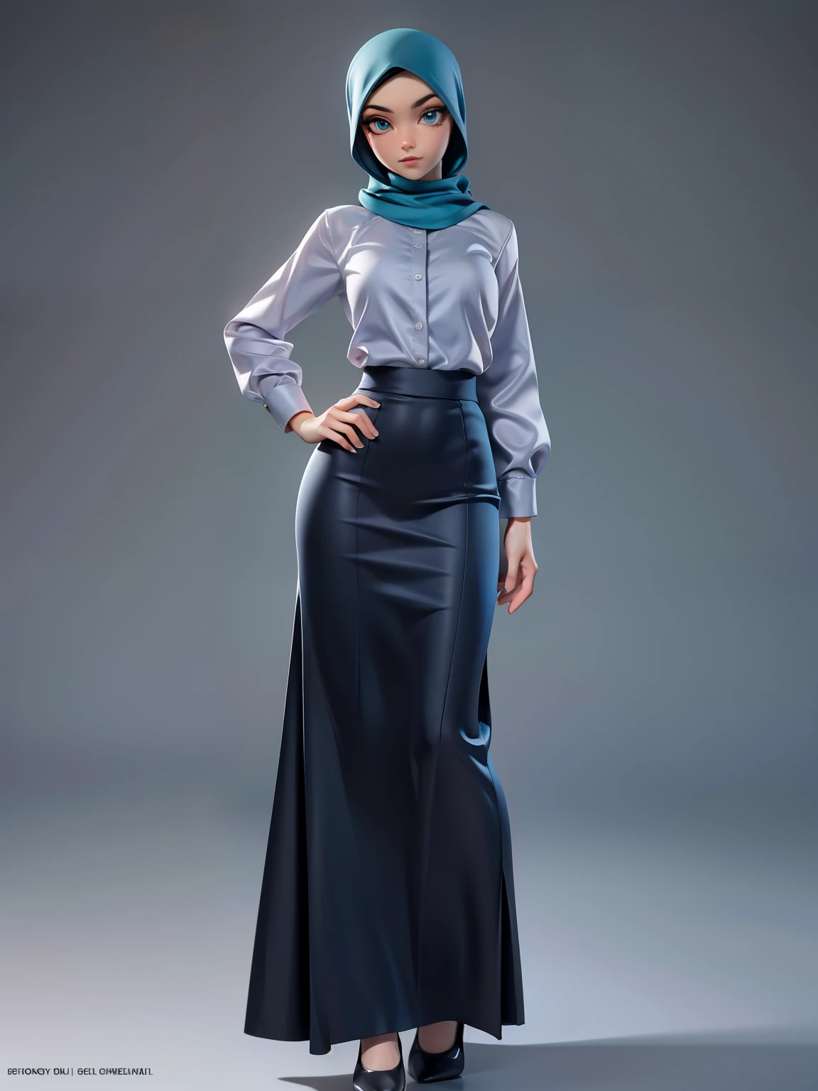 (Masterpiece, best quality) detailed, character sheet, ((a woman, beautifully makeup, eyeshadow, beautiful big eyes, long eye lashes, wearing (Teal satin hijab), ((gray satin shirt)), ((satin long maxi skirt)), photography, detailed skin, realistic, photo-realistic, 8k, highly detailed, full length frame, High detail RAW color art, diffused soft lighting, shallow depth of field, sharp focus, hyperrealism, cinematic lighting, yokai illustration style, Aztec art, style artgerm, full of details. Standing Symmetric Centre, facing the viewer, gray background.