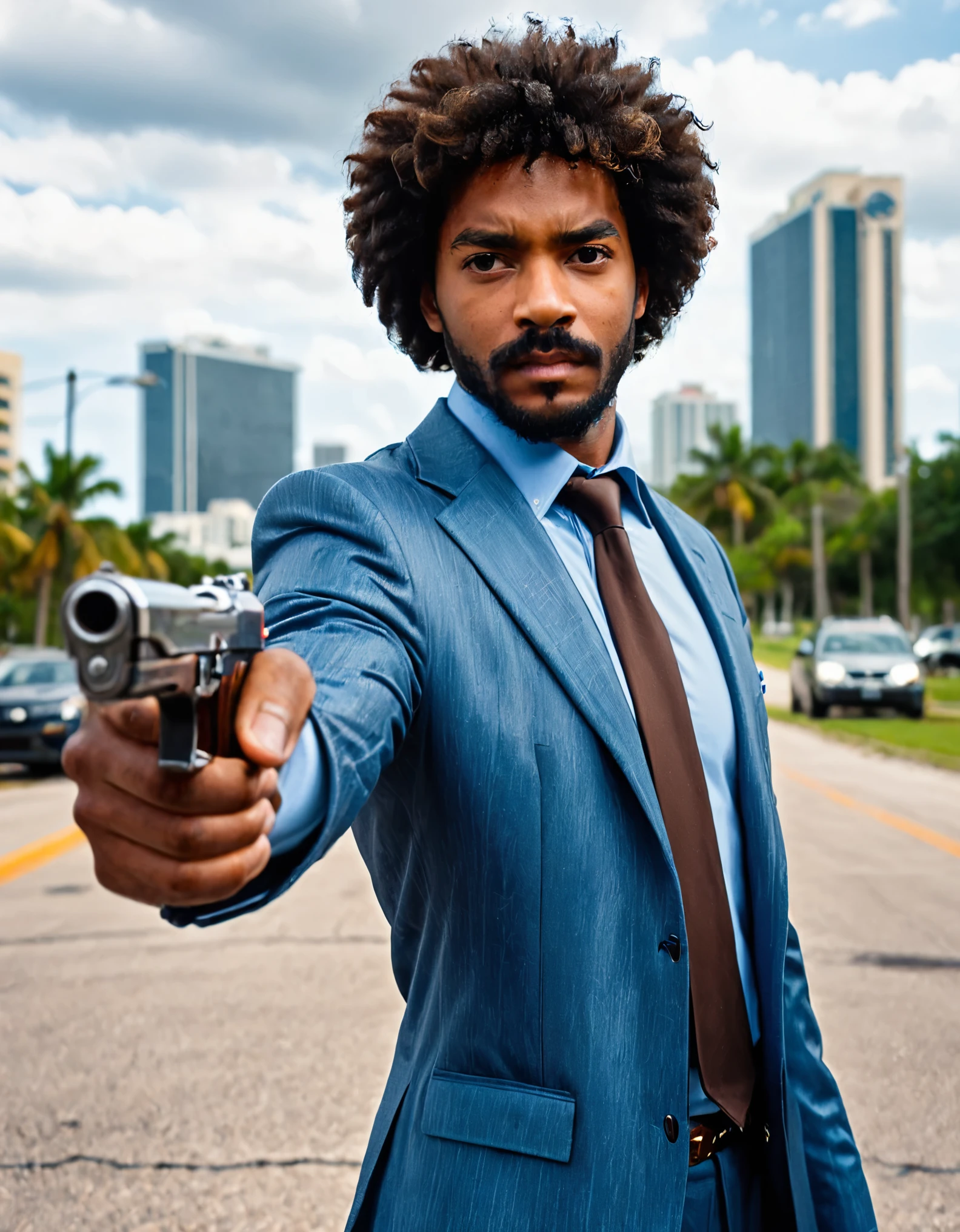 ((masterpiece)), ((best quality)), ((high res)), 1boy, 1man, solo, solo focus, age 30, african-american, brown skin, beard, belt, brown_eyes, brown_hair, afro, facial_hair, finger_on_trigger, gun, handgun, holding, holding_gun, holding_weapon, jacket, male_focus, mustache, necktie, pistol, pointing pistol, Smith and Wesson 659, light blue shirt, solo, stubble, trigger_discipline, watch, weapon, wristwatch, full body with costume, miami backdrop, dark blue suit and tie, cowboy shot