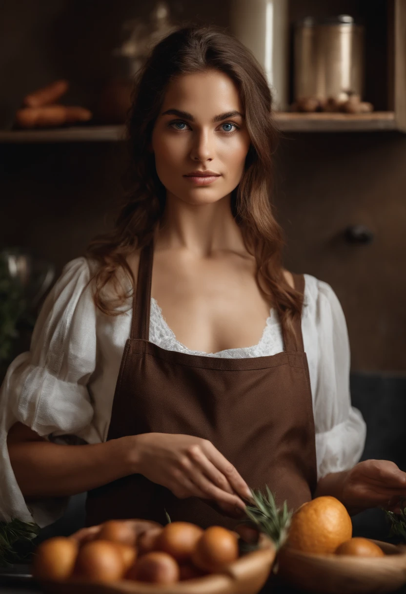 femme porter tablier dans la cuisine, yeux marron, cheveux bruns et grands yeux, une jeune femme sans maquillage, regarder directement la caméra, photo de tout le corps