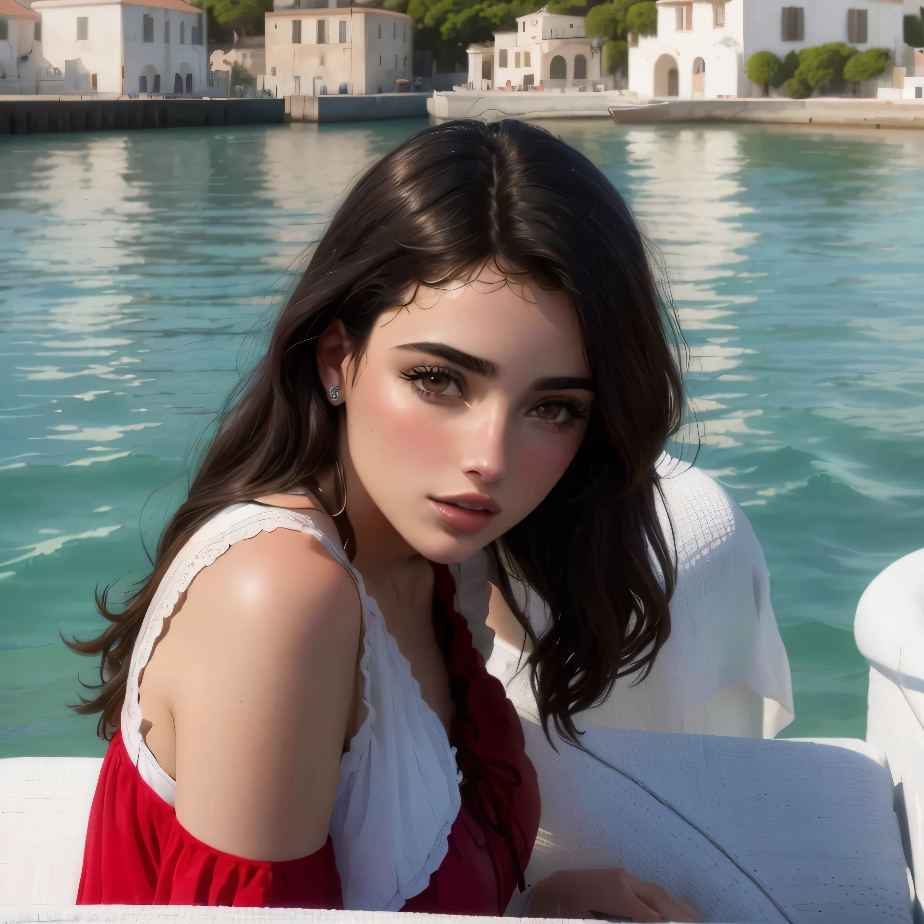 arafed woman in a red and white dress sitting em um barco, em um barco, Emma with Italian appearance, dua lipa, julia sarda, embaralhamento dos namorados, young arab Monica Belluci, Retrato de Sophie Mudd, portrait of Ana de Armas, Olivia's fault, garota atraente, by the sea, Ana de Armas