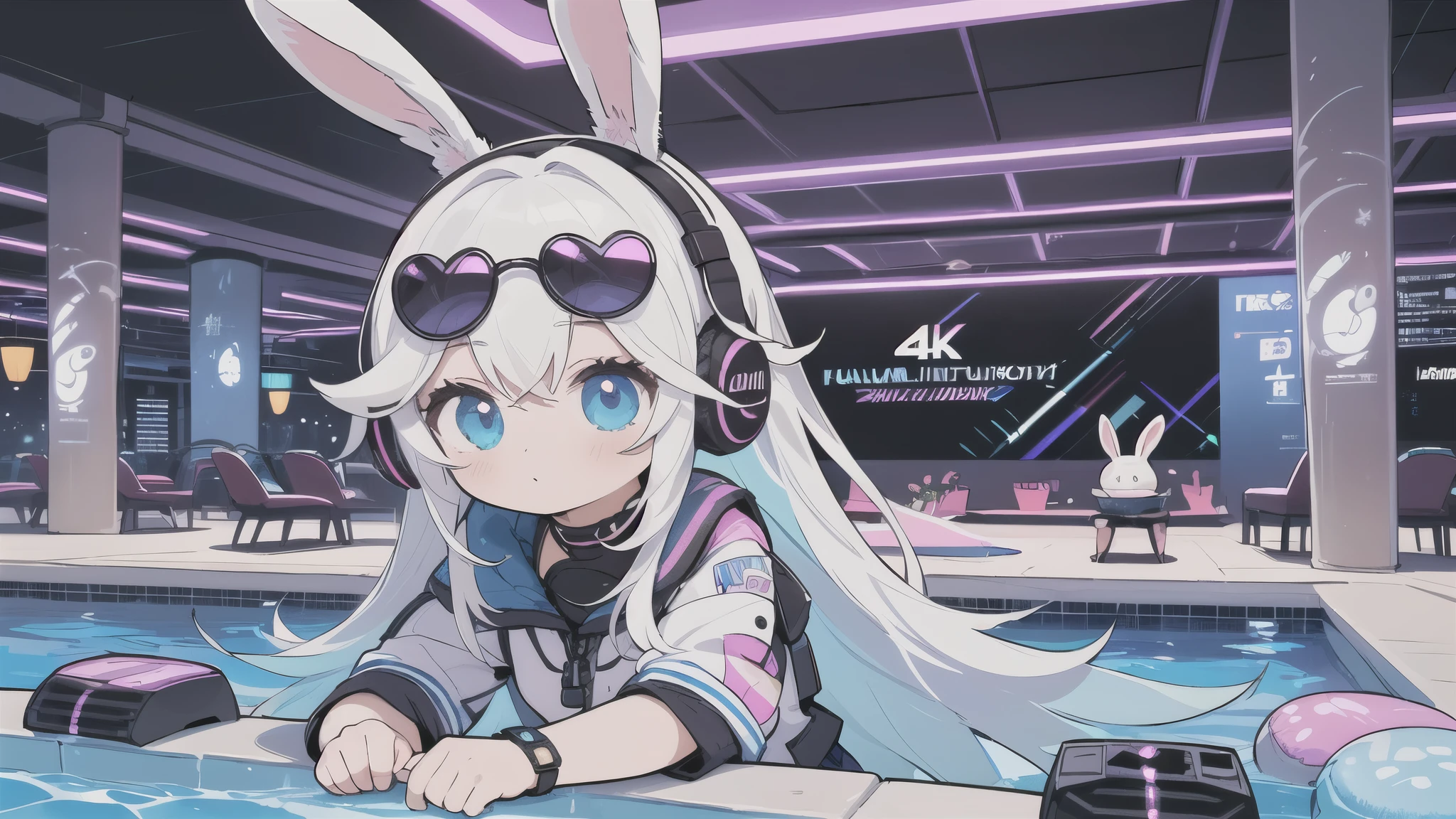 Fantasy poolside,Anime white hair girl with headphones, wearing rabbit ears,cyberpunk outfit,Part cyborg body,Party night with colorful lights, Futuristic Disco, A pair of colorful sunglasses, Cute stuffed rabbit, Cute art style, Anime Style 4k, Futuristic Speaker,Vivid Color