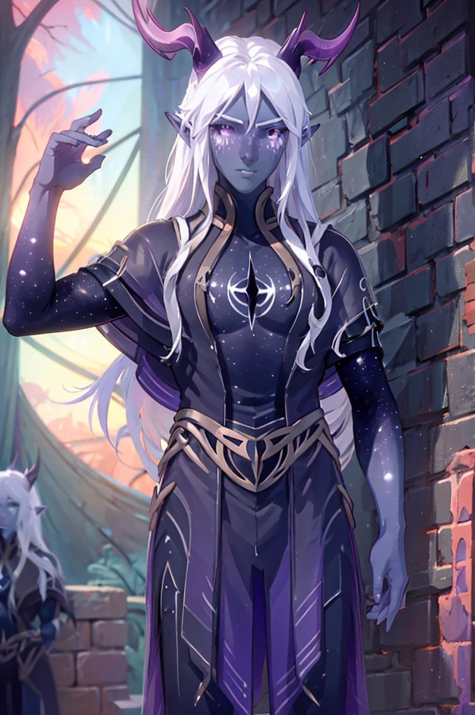 The Dragon Prince: Aaravos, black sclera, purple skin, white hair, long hair, horns