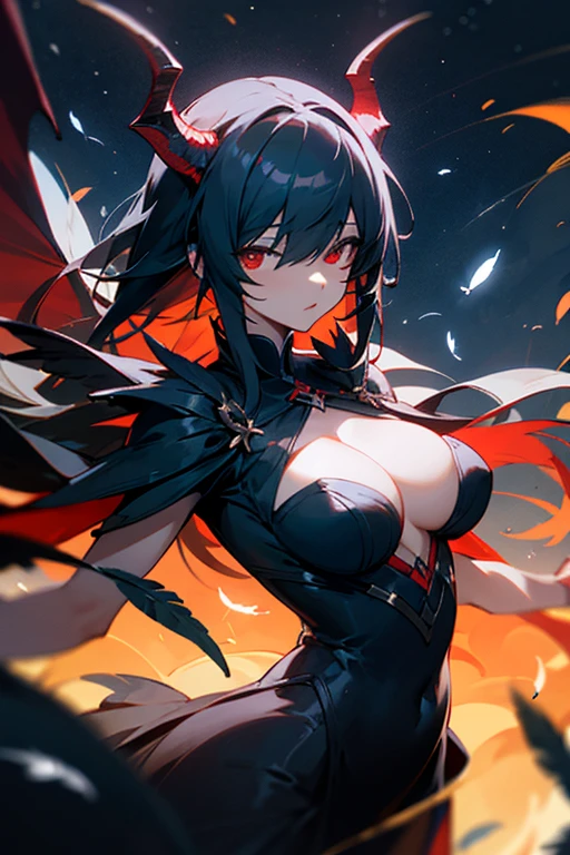 4K,Dragon's horns on the head,Black Hair,Hair is medium,Tight dress,Black Dress,Large breasts,Open chest,Red Eyes,Hanging eyes,Feathers on the back,Dragon Feathers,The feathers are black,The background is a starry sky,meteor