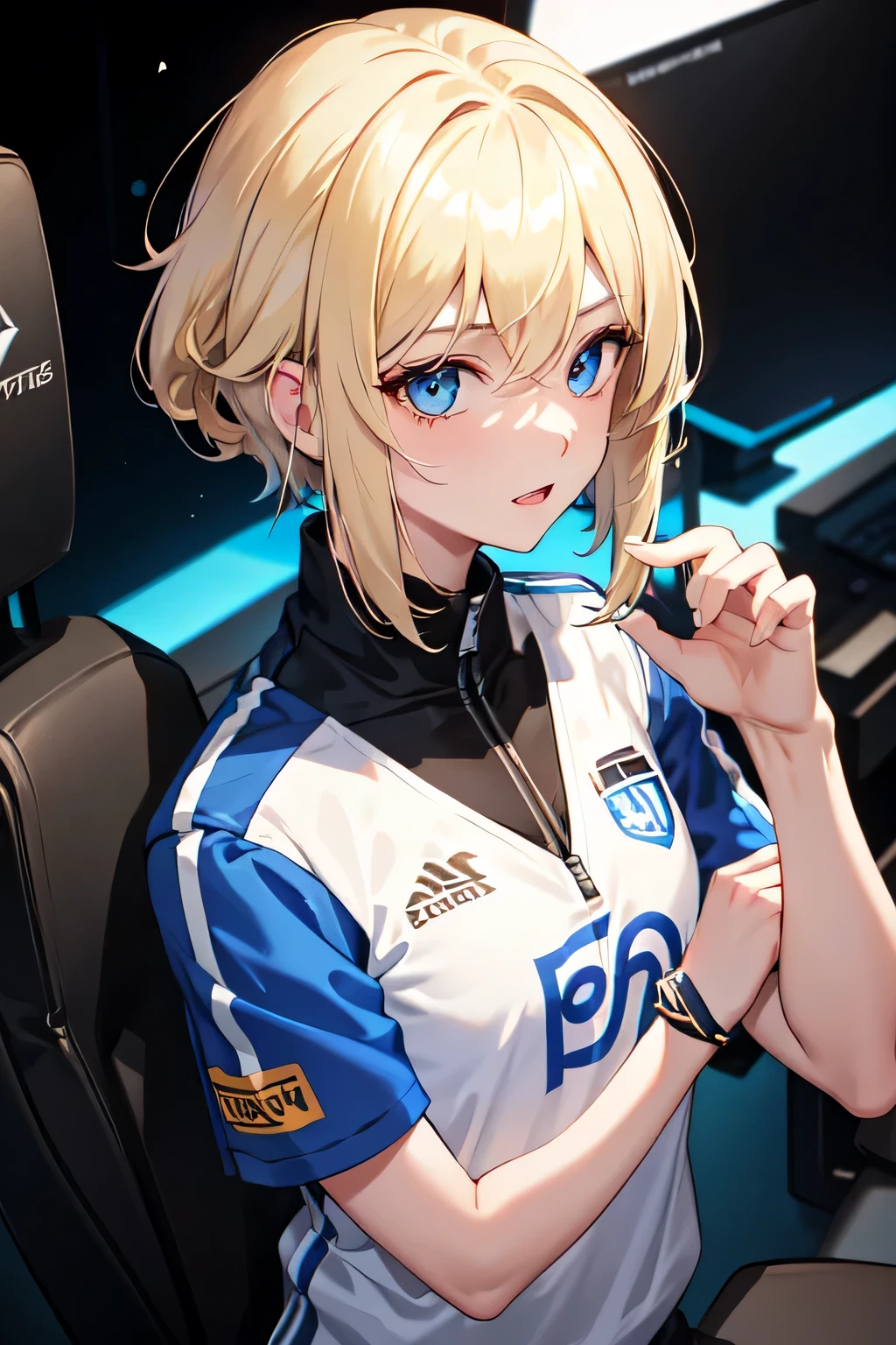 1girl,AP Bren Esport jersey,blue eyes,blonde hair,short hair,mullet haircut