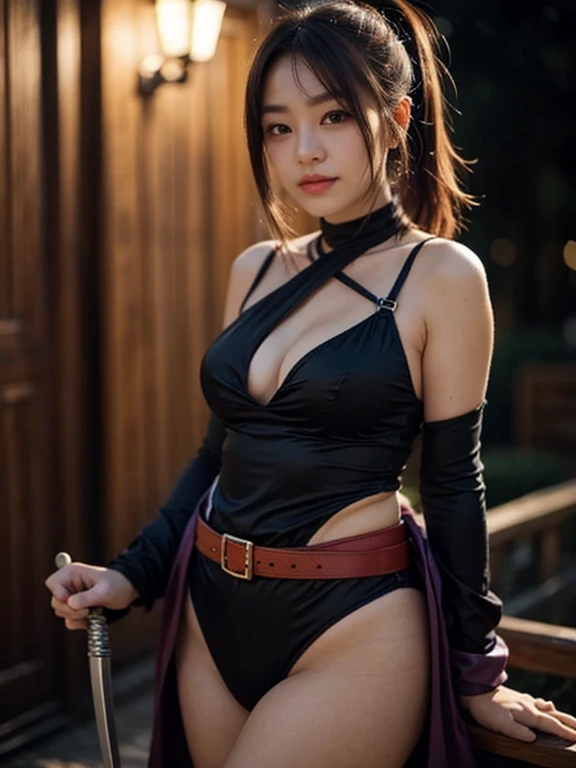 8k RAW photo, high resolution, one Japanese girl, plump cleavage, night view, ready to conquer the country, ninja, kunoichi, dressed in black and red costume with sword Woman, medium bob hair, ponytail