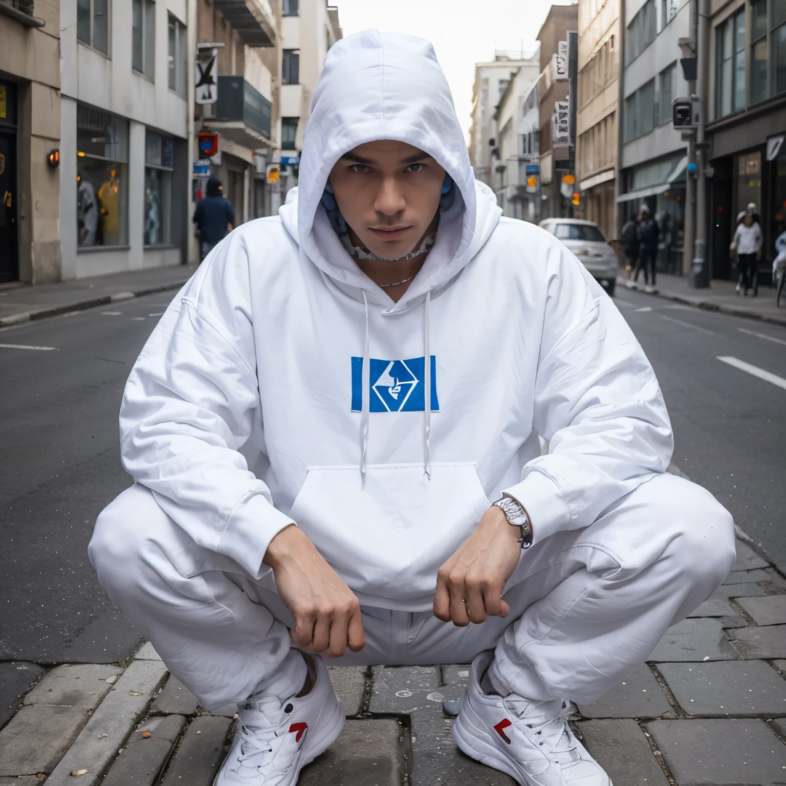 Hip hop hooded white man, Posing seat in the street, street wear, white oversize hoodie, white hood, blue pant, b-boy, hiden face, blue bandana on head