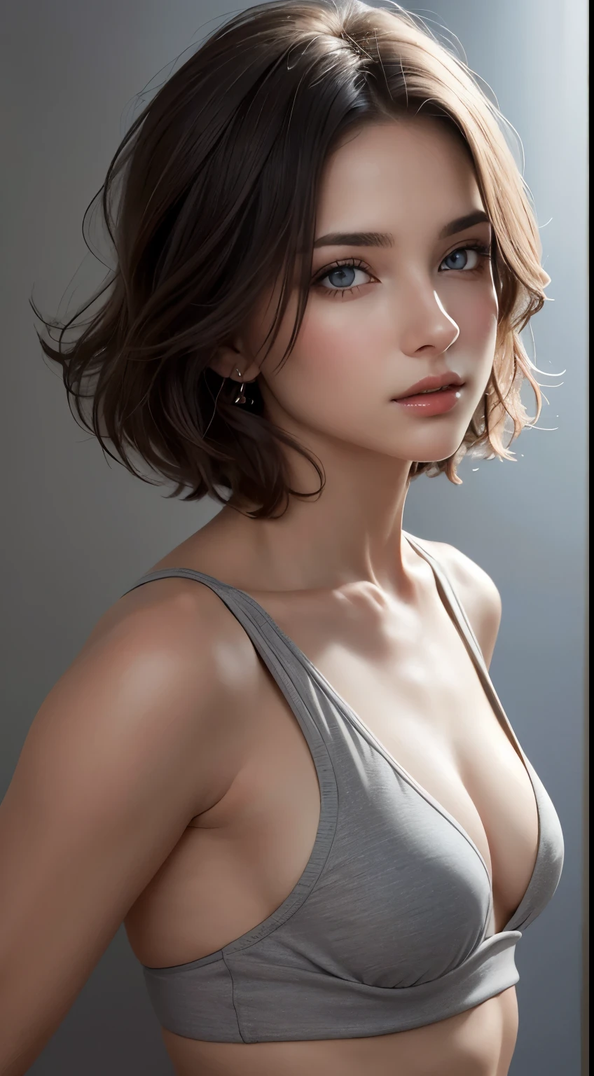 8K uhd、RAWphotograph、model photo shoot、Russian Race, European race, (masterpiece, Highest quality, Photorealistic, High resolution, photograph: 1.3), Close-up, Focusing, Hot Model, slim、 30 year old mature woman, Small face, Short Hair, dark brown hair, Fine beautiful eyes, Realスキン, (perfect body), Sexy Face, Erotic,sexual gaze, Fine eyes, Glossy lips, Small breasts, 、Bust B cup、((Bright light、Dynamic lighting、Real、超Real、 realism、Realなディテール⦆、Cool beauty、Cool pose、Background gray、Plain grey background