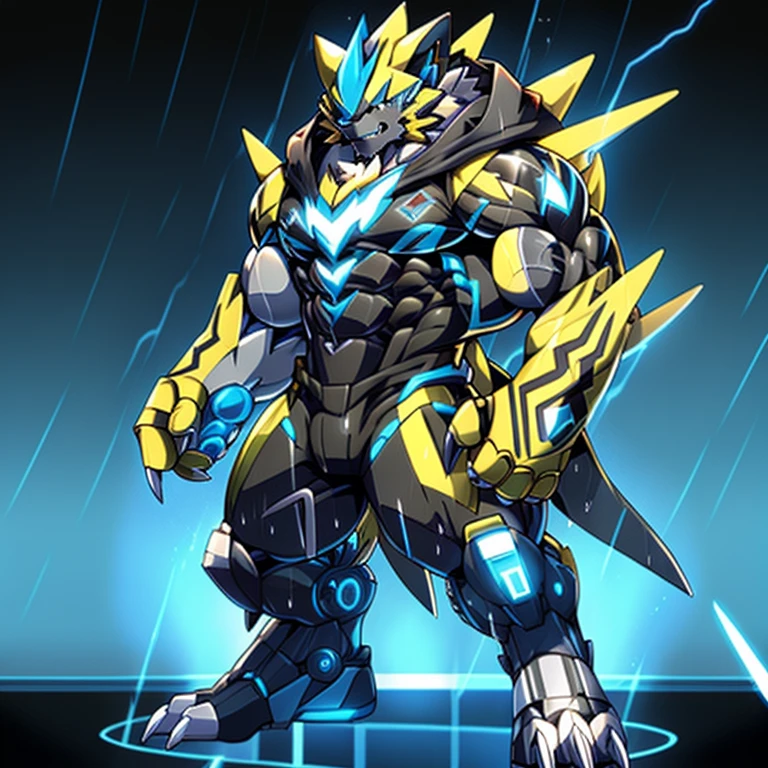 (masterpiece, best quality, detailed:1.2)
(Pokémon)
detailed full body,
Zeraora's giant robot.
Gigantic ZERAORA,
Protecting Zeraora's design and color scheme.
Robotic suit,
the whole body is covered in armor,
whole body shines like metal.
Wearing cyberpunk mecha, emphasizes the muscles.
He wears the same armor as himself from head to foot. (emphasizes the muscles.)
suit fully made of metal,
intricate armor, Robotic suit, suit fully made of metal, cyborg,
big muscle.
pecs, triceps,
body full of huge muscles.
unusually developed muscular body,
A Zeraora at the bodybuilding competition,
massive,
huge muscular bodybuilder with extraordinary biceps, pecs, triceps, traps, gigachad, 300 lbs.
The claws are sharp, Sharp teeth,
with huge golden laser sword,
thunderstorm,
rainy weather,
lightning,
wears a black cloak on his back.