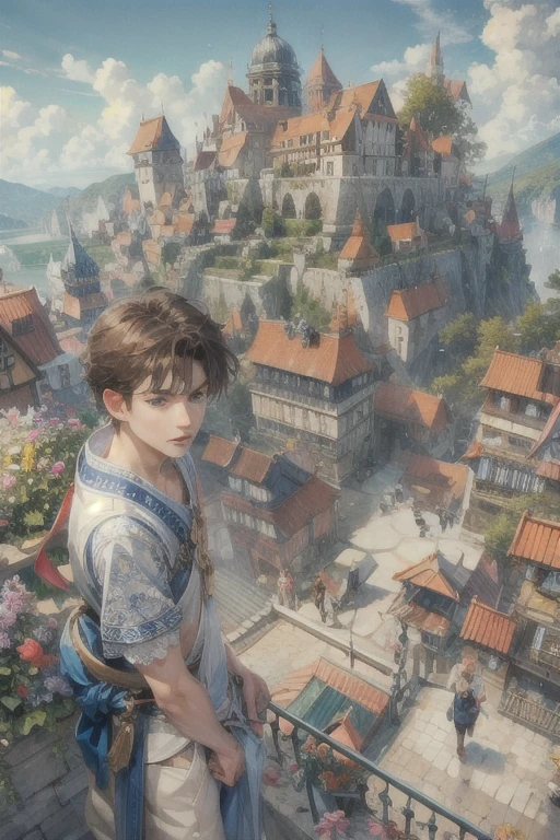 (absurdres, highres, ultra detailed, HDR), masterpiece, best quality, "rhapsody a musical adventure" ps1 game character, boy hero with short hair, detailed face, handsome face, anime eyes, at the town, detailed character, detailed outdoor scenery, art kenoujiTwo people going on a journey