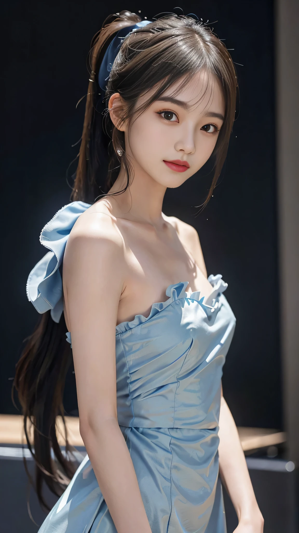 Close up face,standing on stage,Blue colored long dress with lots of ruffles,One woman,masutepiece, The highest image quality, High quality, the background is clear,Beautiful woman, Japanese, Detailed, Detailed eyes, Detailed skin, Beautiful skin, 超hight resolution, (reality: 1.4),Very beautiful woman, Slightly younger face, Beautiful skin, slender, (Ultra photo realsisim), (hight resolution), (8K), (Very detailed) (beautifully detailed eyes), (super detailed), (Detailed face), view the viewer, Fine details, Detailed face, Staring straight ahead, Staring straight ahead, photos realistic, Bright lighting, Professional Lighting, Black hair,poneyTail,a baby face,fifteen years old,Hairstyle: ponytail,Long ponytail hairstyle,slight smile,neat and tidy clothing,Beautiful Japanese KPOP idol photo, hair style is ponytail, my eyes are double and wide, baby face, smile and look straight ahead, slender, small breasts,Blue ribbon on head,Close up face,
