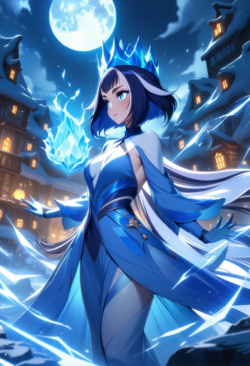 (shylily/(Twich/):1.5),(masterpiece:1.2),(best quality:1.2),, (1girl:1.3),night, ((1 girl)), Solitary, masterpiece, 8k wallpaper, high resolution, ridiculous, High quality background, Short hair beautiful frozen village, (Full Moon), blue dress, Detailed dress, Jewelry Dress, (magic:1.2), blue fire,  Glowing eyes, fire, Goddess of Ice, (beautiful blue crown), electricity, blue electricity, Blue light particles