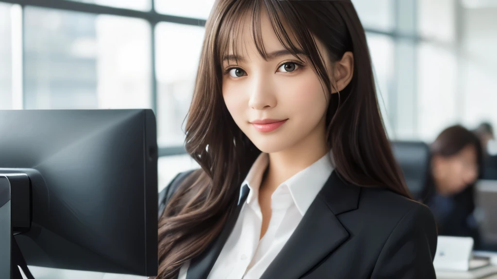 (Realistic: 1.4), (highest quality: 1.4), (Fine grain), Full body shot, ((office)), ((I'm working)), ((One young woman)), Black wavy hair, ((business suit)), Wide eyes, Blushed face, ((smile)), Highly detailed face and skin texture, Healthy Skin, 8k resolution