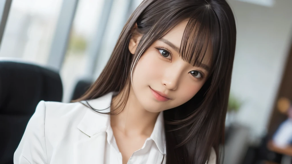 (Realistic: 1.4), (highest quality: 1.4), (Fine grain), Full body shot, ((office)), ((I'm working)), ((One young woman)), Black wavy hair, ((business suit)), Wide eyes, Blushed face, ((smile)), Highly detailed face and skin texture, Healthy Skin, 8k resolution