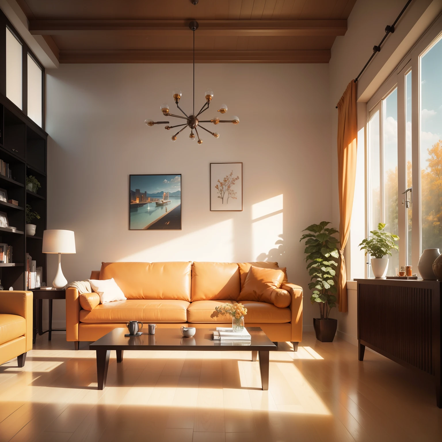 Spacious and comfortable living room，Orange sofa (((best quality))), (((Super detailed))), (((masterpiece))), Metal windows，Natural Lighting, Beige sofa, Wooden table, Vase plants, Modern minimalist design, Hyper-photorealism, masterpiece, Very detailed, number, best quality, high resolution, detailed work, Post-Processing, Creative studio, Promotional architectural photos