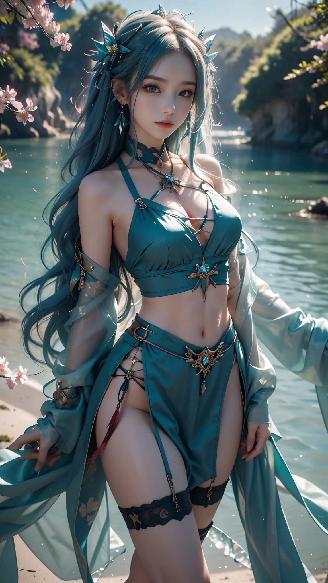8K, ultra hd, masterpiece, hd colors, 1 girl, perfect face, very long curly hair, detailed eyes, detailed clothing, ((teal clothing)), stocking, ((criss-cross lace)), dark sardine, straps, Pendant, net clothing, loops, bare waist, jwellery, ornaments, waterside, Realistic scenery, epic scenery, sun rising, evening, clouds, Butterfly, cherry blossom, flowing wind, perfect pose,