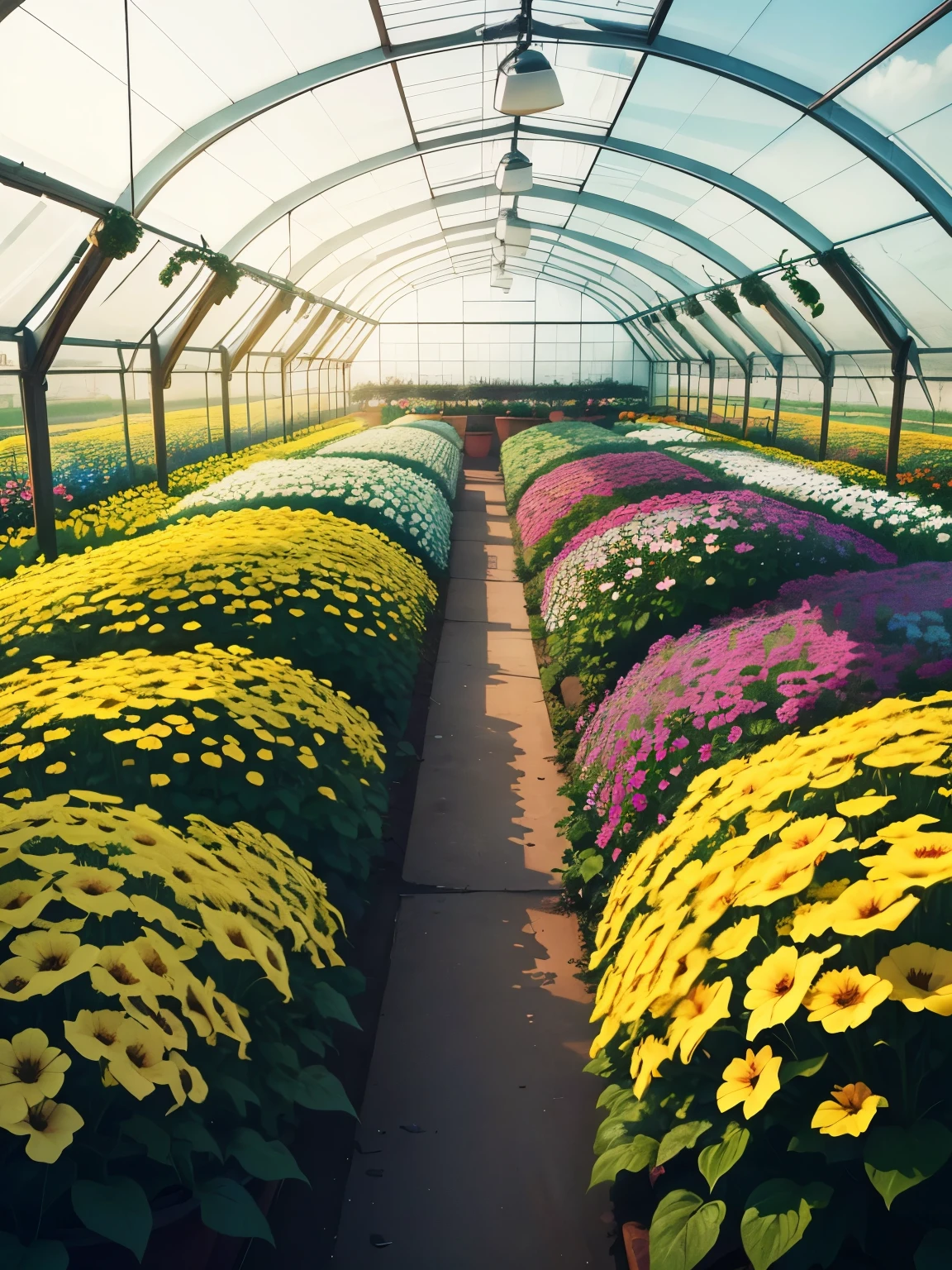 greenhouse, full of bloomed flowers, ultra detailed, high quality, 8k resolution