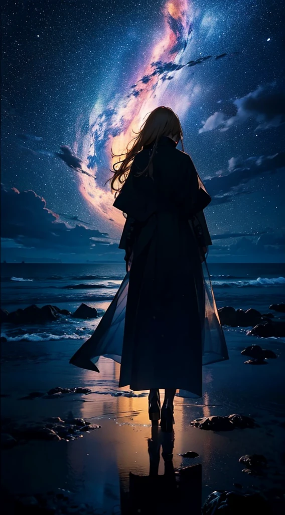 1people々々々々々々々々々々,Blonde long-haired woman,Long coat, Dress Silhouette, Rear View,Space Sky, The boundary between sea and space,