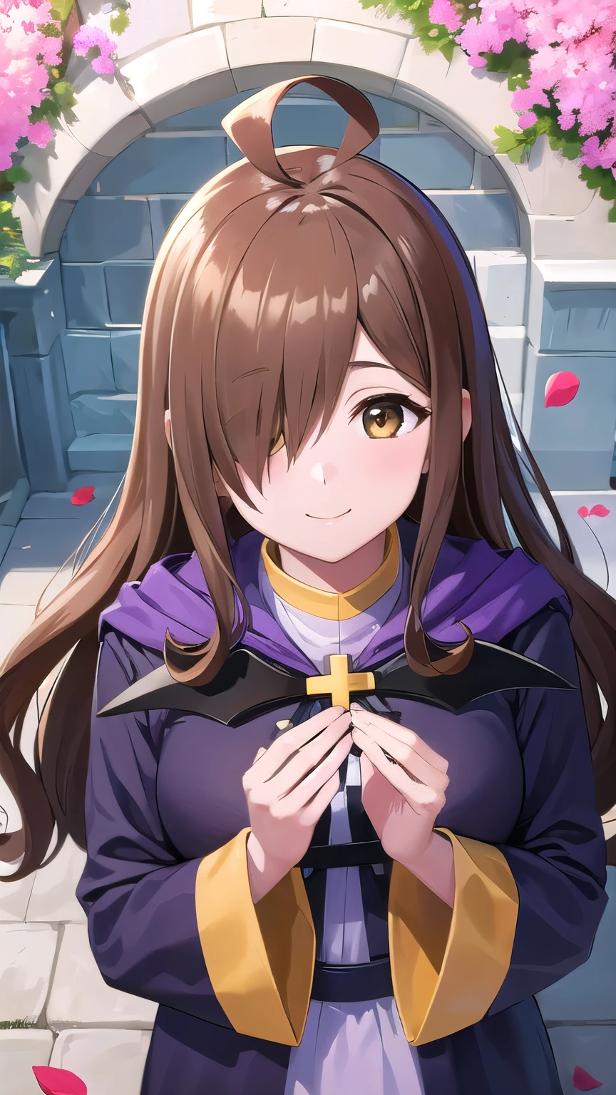 (masterpiece, best quality, detailed), 1girl, solo, wizrnd, brown hair, long hair, hair over one eye, ahoge, brown eyes, looking at viewer,
wizdef, dress, purple dress, long sleeves, long dress, cross, petals, outdoors, smile, from above