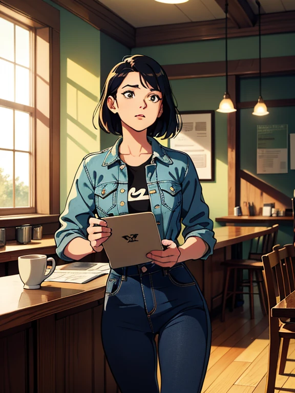 masterpiece, regular girl in jeans and t-shirt, and worn out denim jacket, in a cafe, waitress, illustrations, vintage, cozy atmosphere, warm lighting, pastel color palette, detailed facial features, detailed hair strands, faint aroma of coffee, well-worn wooden tables, classic black and white checkered floor, vintage porcelain cups, handwritten chalkboard menu, bustling background chatter, barista brewing coffee, dishes clanging in the kitchen, gentle steam rising from a cup, sunlight streaming through windows, retro art deco posters on the wall, soothing jazz music in the background, customers engrossed in conversations, stack of books on a shelf, handwritten notes and sketches on the walls, a hint of artistry in the air. (best quality, 4k, highres, ultra-detailed), ultra-fine painting, HDR, cozy vibes.