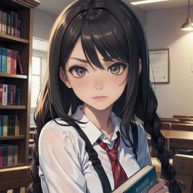 ((masterpiece, best quality, high resolution, UHD, pixel perfect, depth of field, 32k)), cowboy shot, BREAK, 1 girl, ((girl style anime)), Glossy skin, rounded eyes, beautiful eyelashes, realistic eyes ), (detailed face, blushing:1.9), (smooth texture:0.75, realistic texture:0.65, photorealistic:1.2, anime CG style, sharp, Beauty of perfect body, shadow realistic perfect body, BREAK, dark skin, medium breasts, brown hair, with long braids, wearing glasses, wearing a school sweater with a red tie, long checkered skirt, BREAK, shiny skin, Perfect Body Beauty, round ass, standing looking at camera, with a book in her hands in a library , embarrassed and ashamed.
