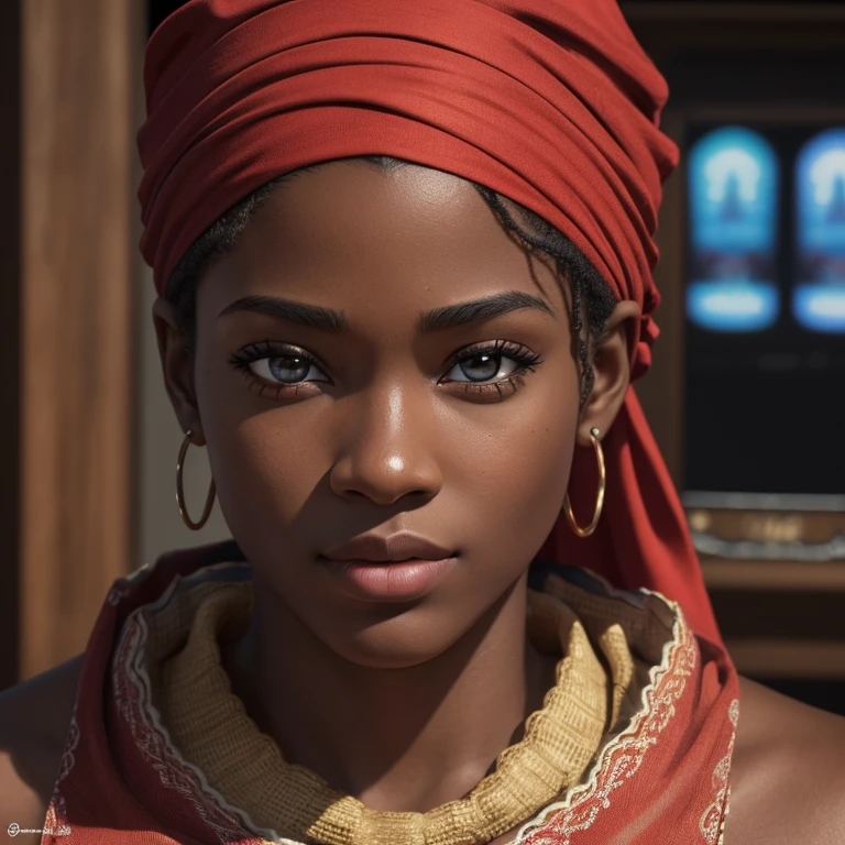 (Highres, Ultra-detailed, Realistic:1.37), Portrait, Very detailed drawing, parfait, belle femme noire, his face is hidden by a red bandana, yeux de biche, piercing gaze, piercing a l’arcade sourcilière.