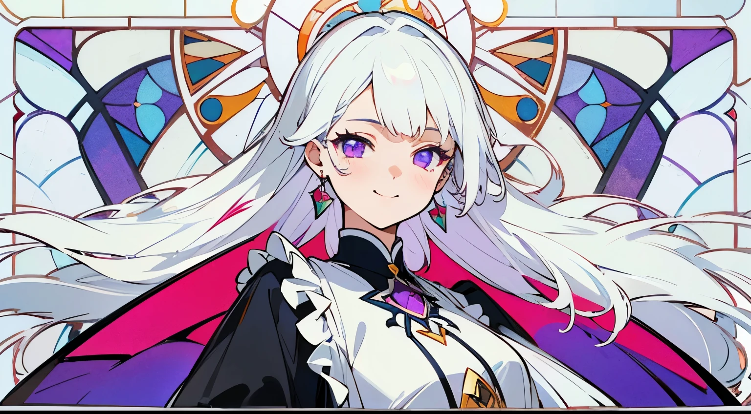 (The skin is not exposed, Long sleeve blouse with ruffles), (Solo), Very cute girl (1), Colorful stained glass on background, Classic, Rose,Thorn vine,sunlight shining through, ((Super long white hair, Earring Color)), (Super smile), Dynamism, (violet eyes), (kirakira) (Detail Objects)Close-up angle of the face