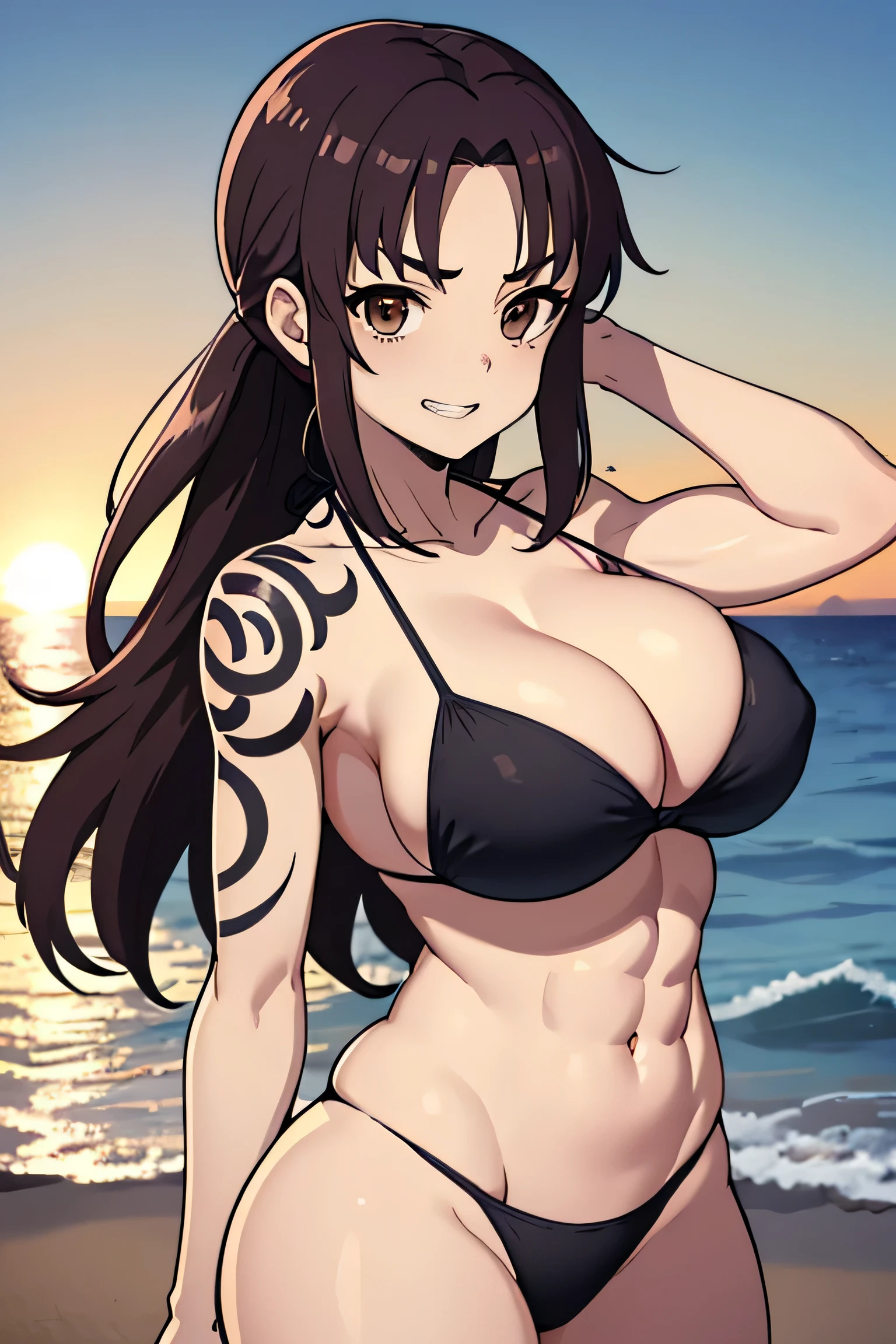 (masterpiece、highest quality:1.2)、solo、Anime Women、revue、Grin、Watching the audience、Are standing、Long brown hair、Brown eyes、ponytail、V-shaped eyebrow hair、Black Bikini、collarbone、bikini top with an black、bikini bottom with an black、Strong muscles、in a triangle bikini、Big Breasts、A woman with very large breasts、cleavage、Muscular and strong、Tattoo on the right shoulder、Tall Woman、Toned body、Muscular Woman、Ocean、Ocean Shore、sunset、 