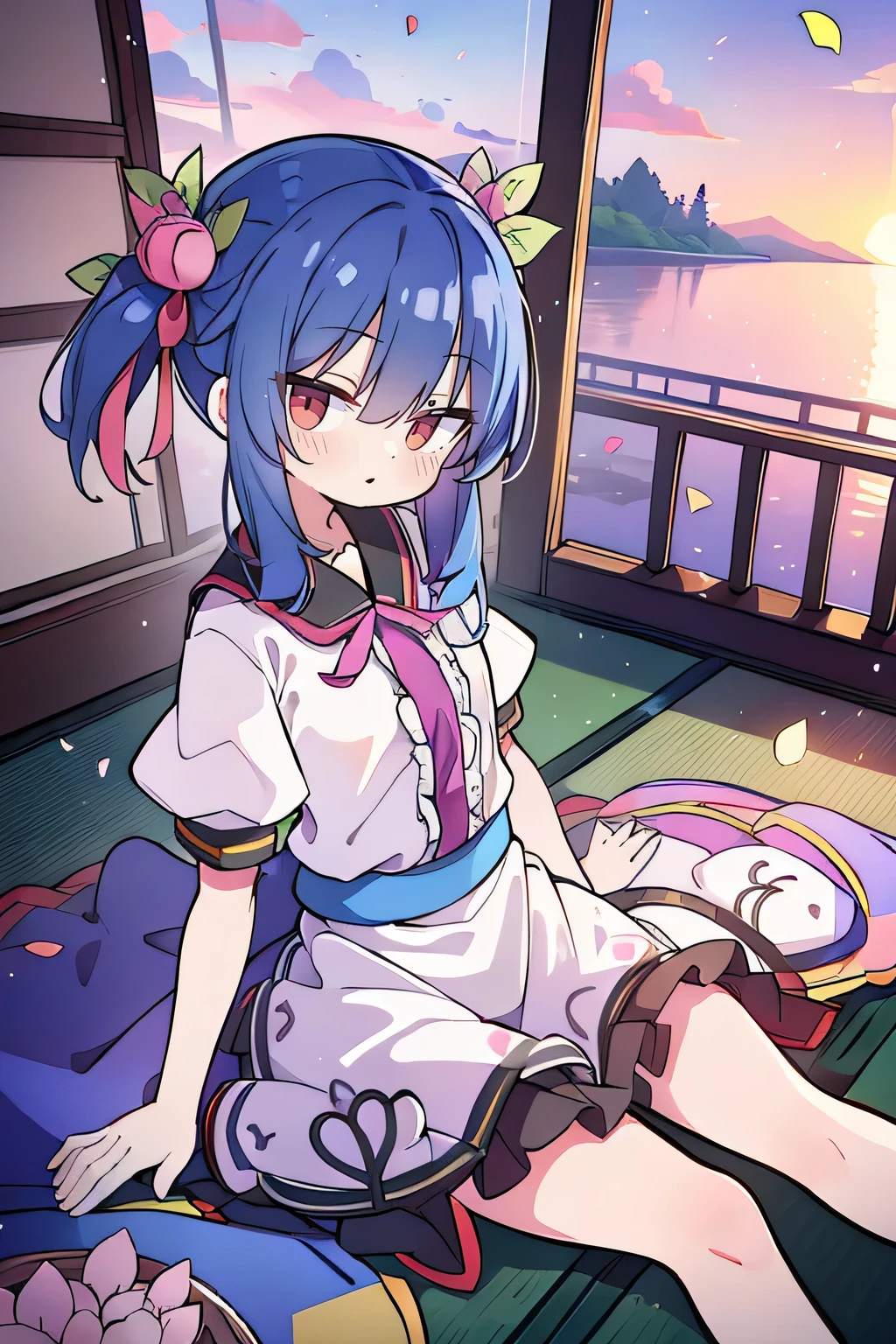 (best quality, masterpiece:1.2), expressive eyes, perfect face, 1 girl, hands on waist, beautiful, gorgeous, Japanese animation, Lola, Hinamori Angel, blue hair, floating clothes, waist grab, waist grab, hands on hips, sitting, sitting on the ground, legs on the ground, flat-chested, falling petals, sitting in a pavilion, pavilion,sunrise,Petals fall,