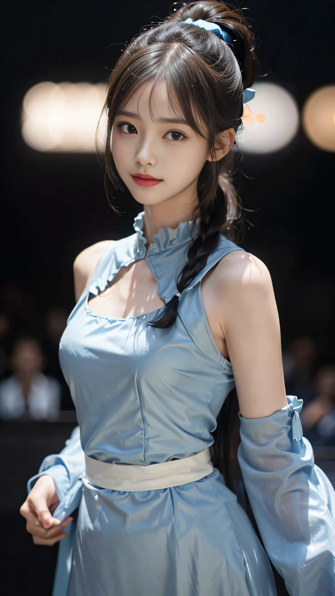 Close up face,standing on stage,Blue colored long dress with lots of ruffles,One woman,masutepiece, The highest image quality, High quality, the background is clear,Beautiful woman, Japanese, Detailed, Detailed eyes, Detailed skin, Beautiful skin, 超hight resolution, (reality: 1.4),Very beautiful woman, Slightly younger face, Beautiful skin, slender, (Ultra photo realsisim), (hight resolution), (8K), (Very detailed) (beautifully detailed eyes), (super detailed), (Detailed face), view the viewer, Fine details, Detailed face, Staring straight ahead, Staring straight ahead, photos realistic, Bright lighting, Professional Lighting, Black hair,poneyTail,a baby face,fifteen years old,Hairstyle: ponytail,Long ponytail hairstyle,slight smile,neat and tidy clothing,Beautiful Japanese KPOP idol photo, hair style is ponytail, my eyes are double and wide, baby face, smile and look straight ahead, slender, small breasts,Blue ribbon on head,Close up face,