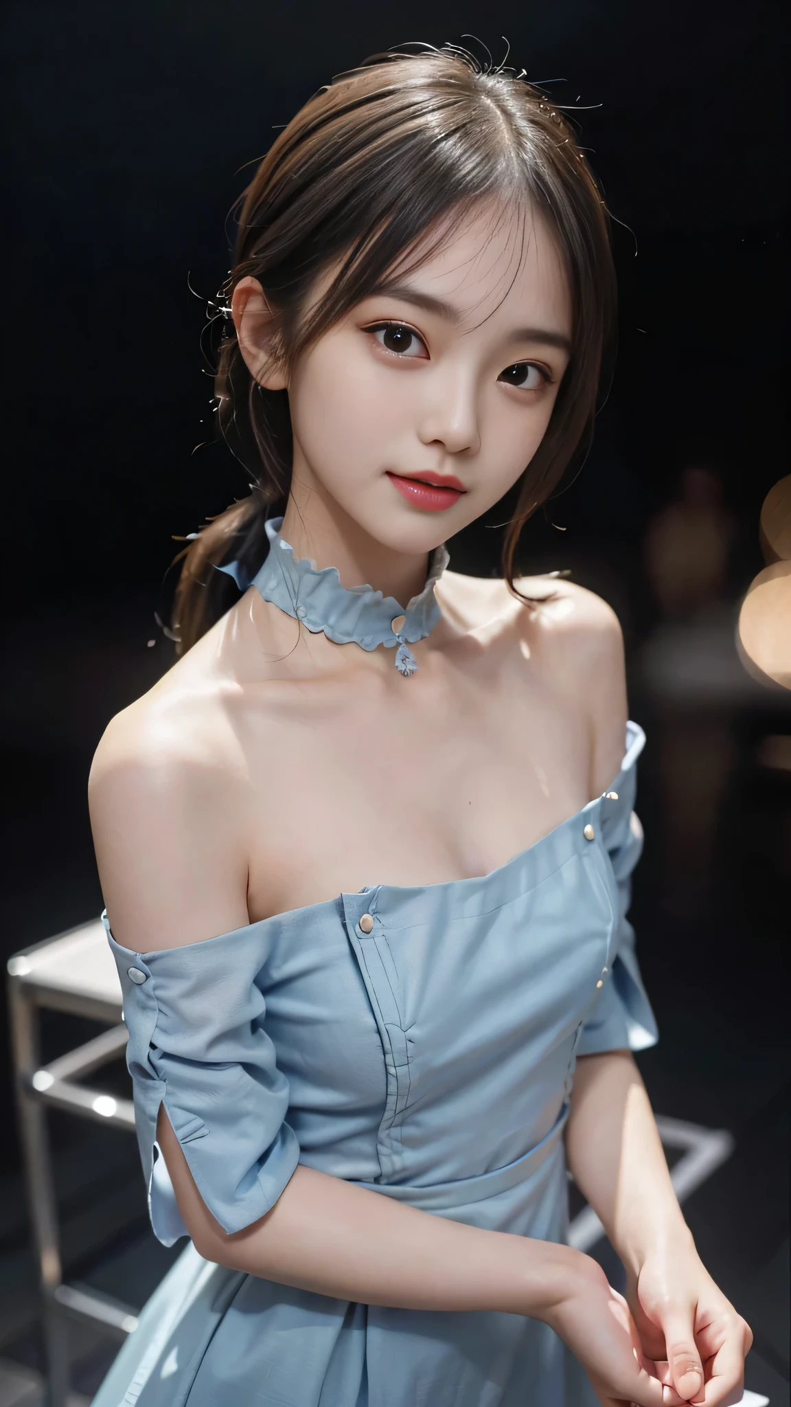 Close up face,standing on stage,Blue colored long dress with lots of ruffles,One woman,masutepiece, The highest image quality, High quality, the background is clear,Beautiful woman, Japanese, Detailed, Detailed eyes, Detailed skin, Beautiful skin, 超hight resolution, (reality: 1.4),Very beautiful woman, Slightly younger face, Beautiful skin, slender, (Ultra photo realsisim), (hight resolution), (8K), (Very detailed) (beautifully detailed eyes), (super detailed), (Detailed face), view the viewer, Fine details, Detailed face, Staring straight ahead, Staring straight ahead, photos realistic, Bright lighting, Professional Lighting, Black hair,poneyTail,a baby face,fifteen years old,Hairstyle: ponytail,Long ponytail hairstyle,slight smile,neat and tidy clothing,Beautiful Japanese KPOP idol photo, hair style is ponytail, my eyes are double and wide, baby face, smile and look straight ahead, slender, small breasts,Blue ribbon on head,Close up face,