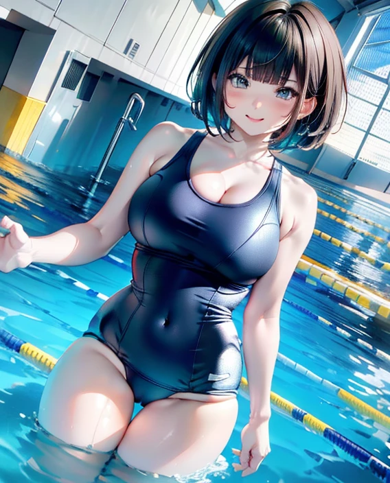 (8k、Best image quality、highest quality、masterpiece)、Detailed face、Detailed limbs、One -yeld giBlack Hair、very short bob cut、Rounded bob hairstyle that follows the contours of the face、Blunt bangs、Grey Eyes、Wicked Smile、Medium chest、Big Ass、One piece swimsuit、Cowboy Shot、blue sky、Pool Background