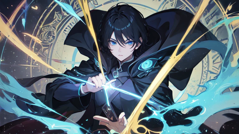 22 years old male, Black Hair, blue eyes, Sharp black eyes, black elegance,Black cape ,掌管Light與dark, Make it like tarot card anime style,But no frame, Eyes very firm, Magic Circle, Light, dark, Light粒子, dark粒子