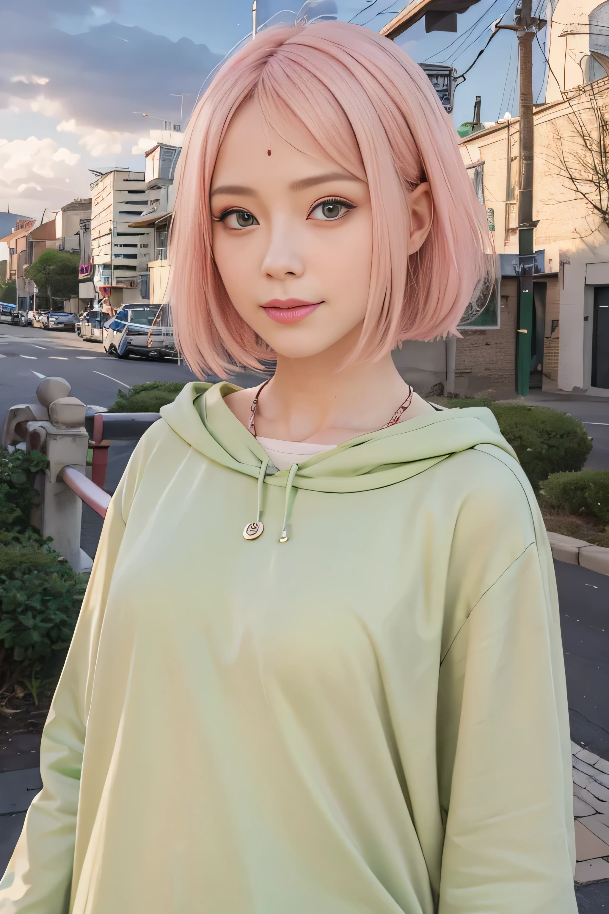 masterpiece, best quality, (realistic,photo-realistic:1.4), (RAW photo:1.2), extremely detailed CG unity 8k wallpaper, delicate and beautiful, amazing,finely detail, official art, absurdres, incredibly absurdres, huge filesize, ultra-detailed,extremely detailed eyes and face,light on face,(little smile),(pink hair:1.4),(short hair:1.4),(wearing green clothes:1.5),haruno sakura,town background