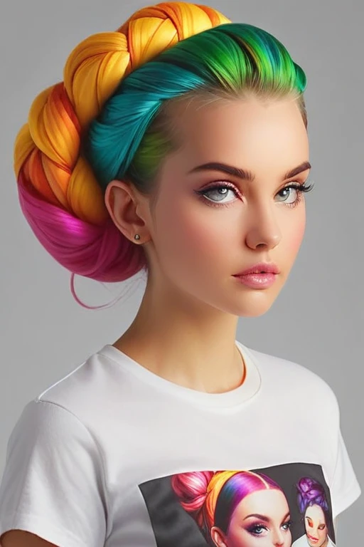 Hyperrealistisches Foto einer stolzen, beautiful woman with tied hair and colorful hair, tief ausgeschnittenes T-Shirt, upper body, Lilly von Cremont, (New York)